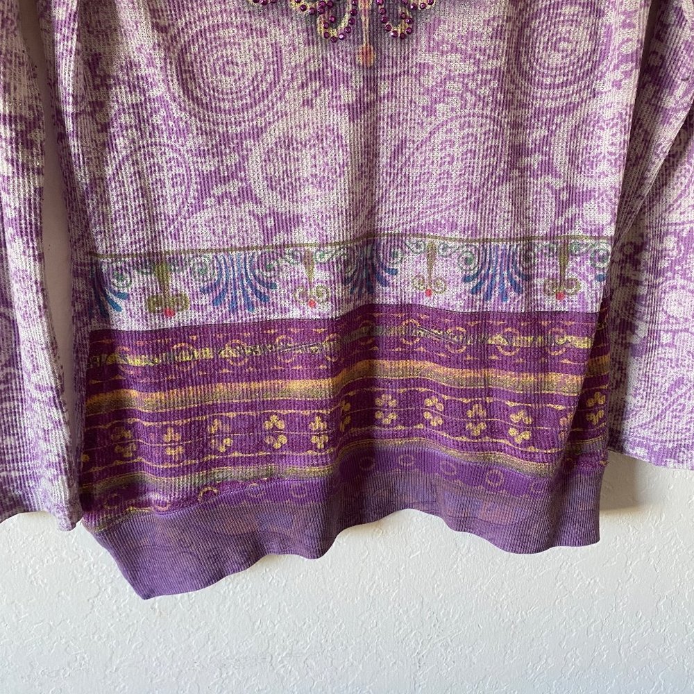 One World Womens Top Rhinestone Waffle Knit Boho Size M Purple Paisley Casual - Picture 4 of 11